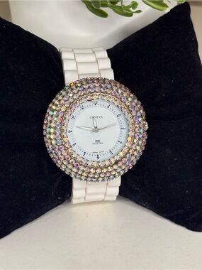Geneva AB Rhinestone Bling Watch White Silicone Band Y2K Glam Statement